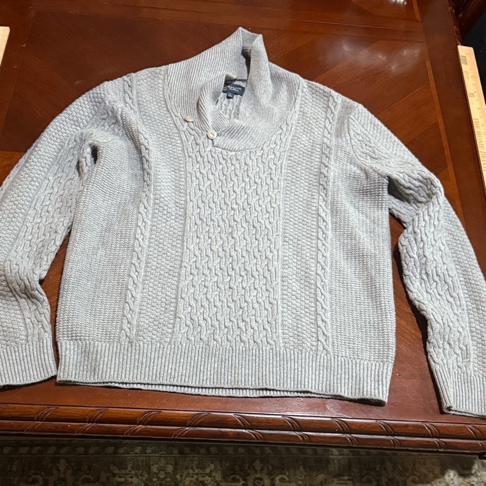💯 Lambswool 🐑 Men's Gray Cable Knit chunky fisherman’s Sweater